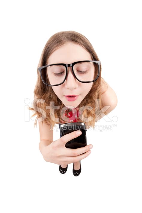 Fisheye Girl With Cell Phone And Nerd Glasses Stock Photos
