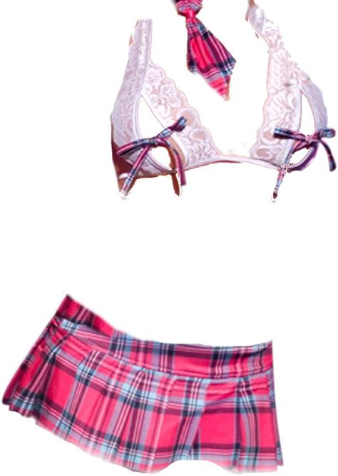 naughty 3 piece pink plaid sexy teacher mini skirt open peep bikini top and tie lingerie set s m