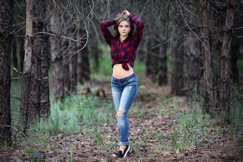 Wallpaper Trees Forest People Women Outdoors Model Arms Up Shirt Torn Jeans Pants
