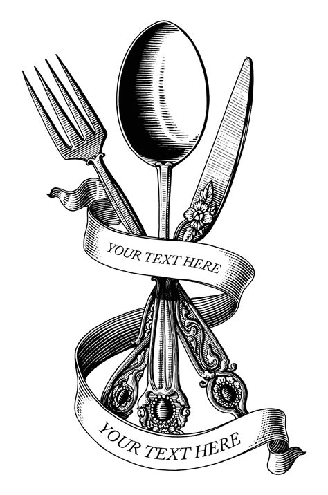 Cross Of Spoon Fork And Knife Hand Draw Vintage Engraving Style Black