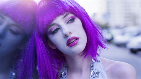Purple Hair Women Outdoors Bare Shoulders Women Makeup Model Open