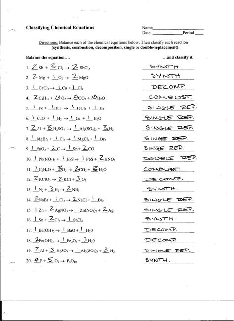 This balancing chemical equations worksheet has ten unbalanced equations to practice your a pdf of the answer key is also available or if you'd like to quickly check your answers check out our other balancing chemical equation worksheets balancing chemical equations practice sheet. Chapter 7 Worksheet 1 Balancing Chemical Equations