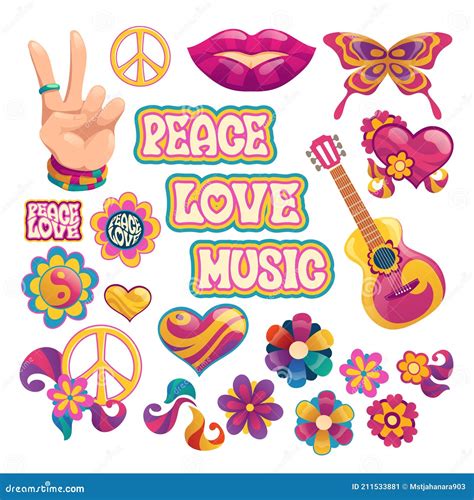 Hippie Icons Signs Of Peace Love And Music Stock Vector