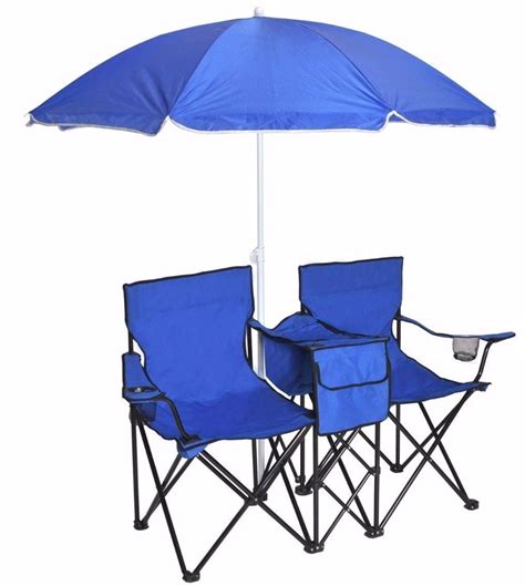 Tms Double Portable Beach Chairs W Umbrella Folding Table Cooler Bag Picnic Camping Blue