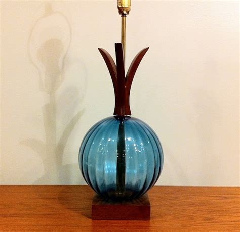 Mid Century Wood And Blue Glass Globe Table Lamp By Modernismus