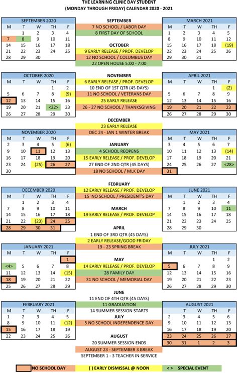 2020 2021 Day School Calendar The Learning Clinic