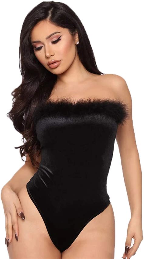 zgmyc women s feather trim velvet bodysuit sexy strapless faux fur bodycon dress