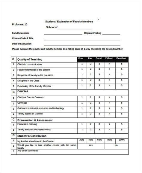 Student Evaluation Form Template