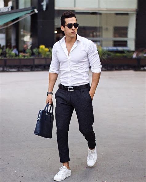 best white shirt outfit ideas for men white shirt dress pants bag white sneaker leather be