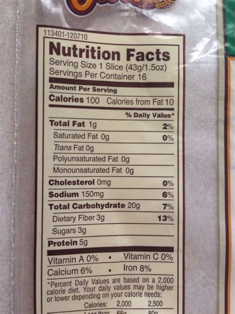 Natures Own 100 Whole Wheat Bread Nutrition Label Runners High Nutrition