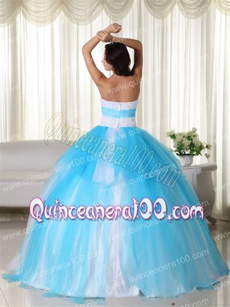Aqua Blue Ball Gown Strapless Floor Length Tulle Beading Quinceanera