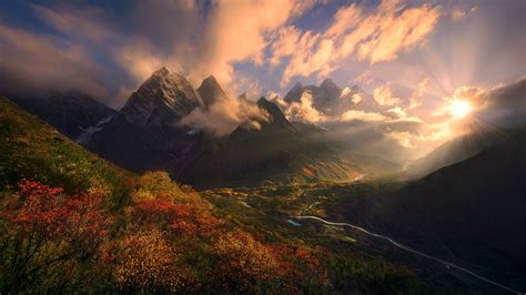 Nature Landscape Fall Shrubs Mountains Himalayas Tibet Wallpaper