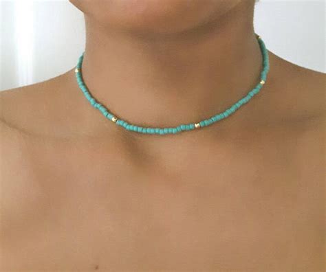 Turquoise Choker Seed Choker Turquoise Bead Necklace Boho Etsy