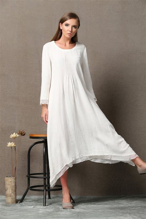 White Dress Women Lagenlook Layered Linen And Chiffon Etsy New Zealand
