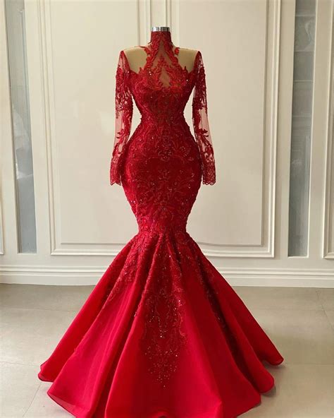 Arabic Aso Ebi Red Luxurious Lace Beaded Evening Dresses 2021 Red Shiny Long Sleeve High Neck
