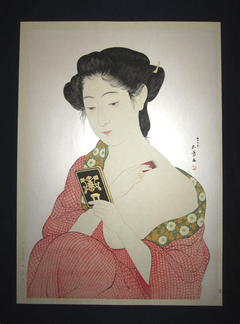Huge Japanese Woodblock Print Hashiguchi Goyo Woman Applying Make Up