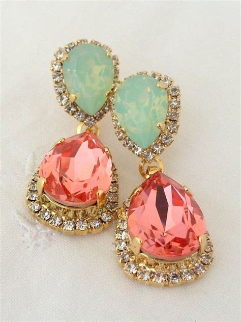 Peach Coral Mint Chandelier Earrings Bridal Earrings Drop Etsy Bridal