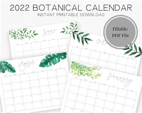 Digital Botanical Calendar 2021 Monthly Planner Botanical Leaves