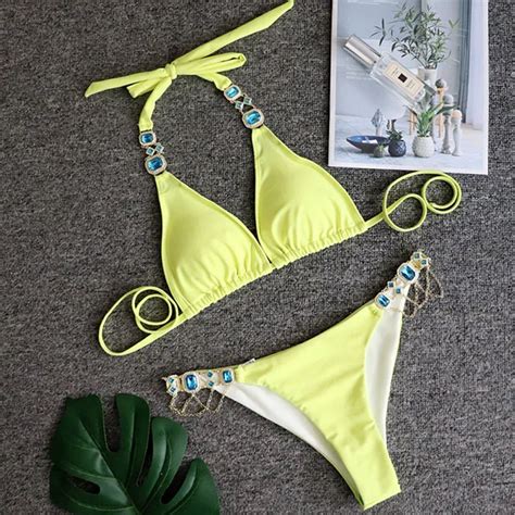 2019 Rhinestone Swimsuit Women Bikinis Crystal Diamond Bikini Set Metal Chain Swimwear Female