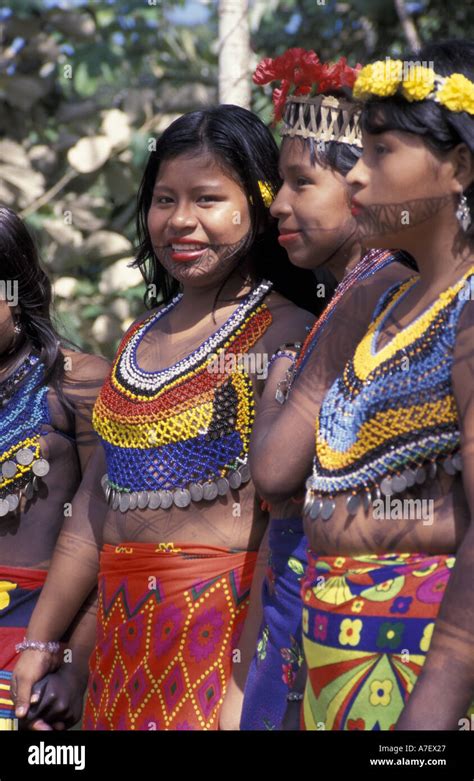 Panama Gatun Lake Embera Indian Village Embera Girls In Flowers And