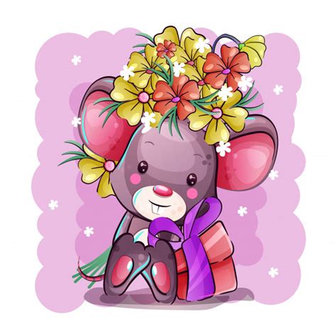 Cute Cartoon Baby Mouse With Flowers And T Box
