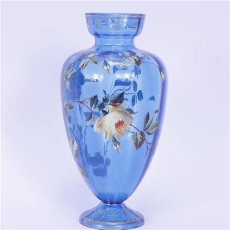 Sold At Auction Moser Glass Blue With Yellow Enameled Roses Vase Belonged To Rosalind Russell