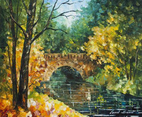 An Oil Painting Of A Bridge Over A River In The Fall With Leaves On The
