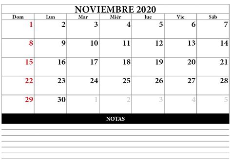 Calendario Noviembre 2020 Imprimible Con Notas