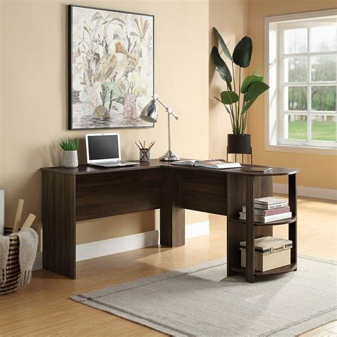 Belleze Kent L Shaped Home Office Desk Wood Corner Computer Desk Dark Walnut