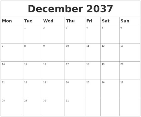 December 2037 Blank Calendar
