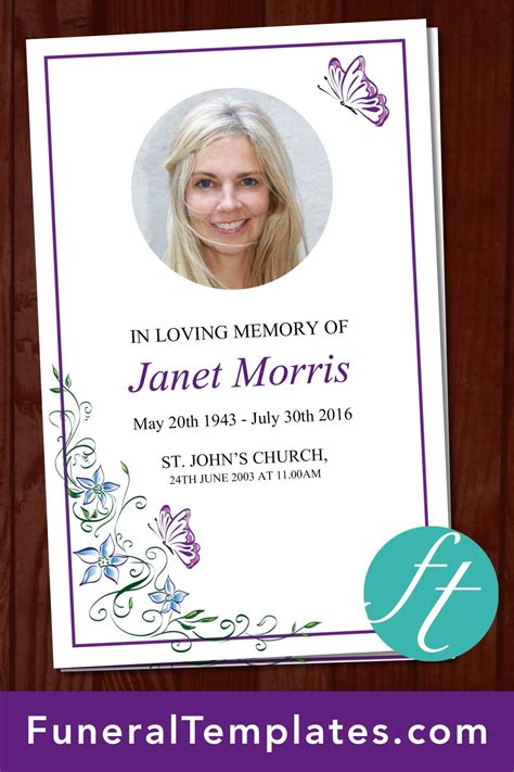 Butterfly Funeral Program Template With Beautiful Flowers And