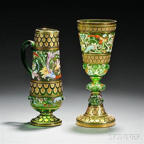 Two Moser Type Gilded And Enameled Green Glass Vessels Current Price 350 Glass Vessel