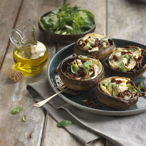 Goats Cheese And Olive Baked Mushrooms Serve As An Appetizer Flavor