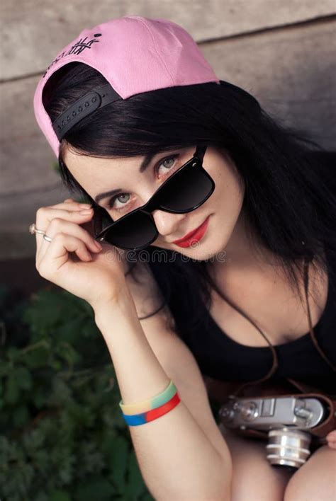 Beautiful Hipster Girl With A Camera In Sunglasses Stock Image Image Of Hipster Happiness