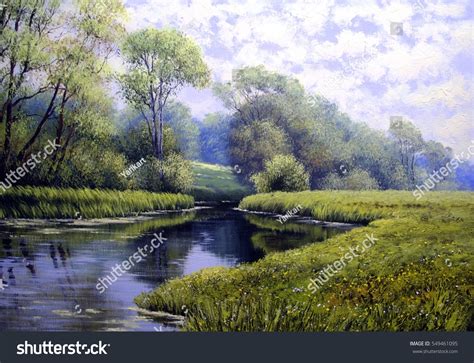Oil Painting Landscape Colorful Summer Forest Stock