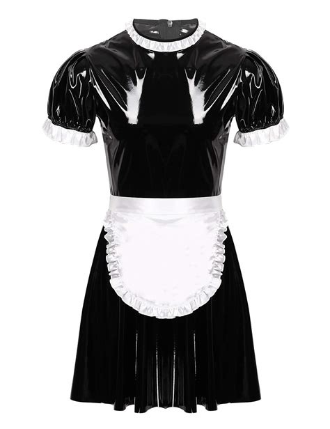 Buy Inlzdz Mens Sissy French Maid Costumes Patent Leather Puff Sleeve Dress With Apron Outfits