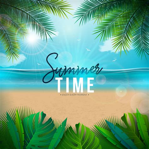 Vector Summer Time Illustration with Palm Leaves and Typography Letter ...