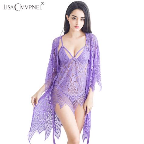 lisacmvpnel 3 pcs hollow sexy women robe nightgown g string sets long section breathable women
