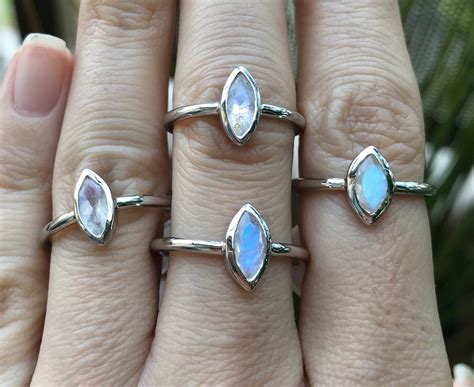 Genuine Rainbow Moonstone Stackable Ring Natural Moonstone Marquise
