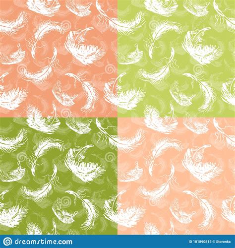 Set Seamless Pattern With Ink Feather Swan Hand Drawn