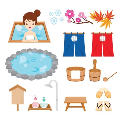premium vector set of hot spring objects japanese onsen public hot spring bath