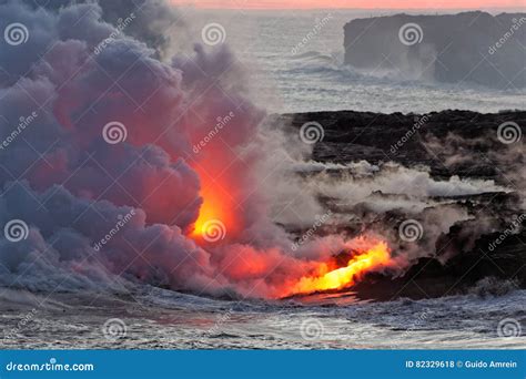 Lava Flowing into Ocean - Kilauea Volcano, Hawaii Stock Photo - Image
