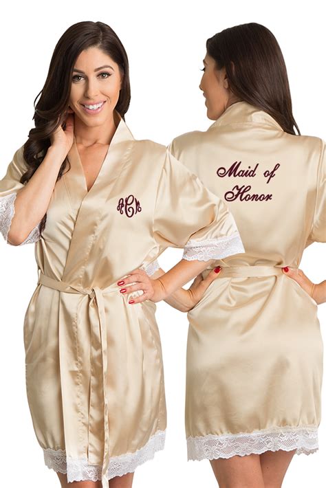 Personalized Embroidered Monogram Maid Of Honor Lace Satin Robe In 2021 Maid Of Honor Satin