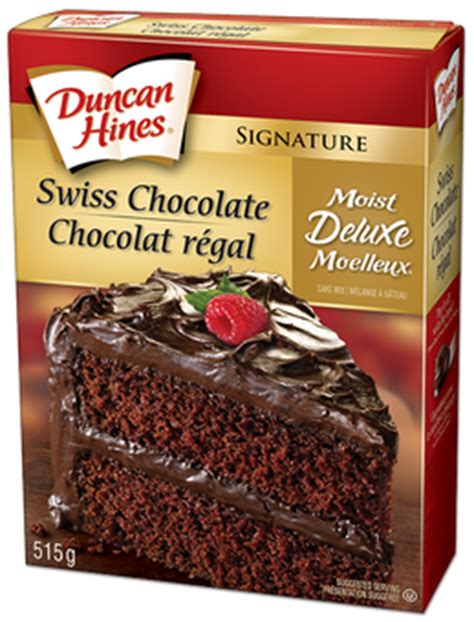 Prepare and bake following the directions above except using 3/4 cup water, 1/3 . Product: Swiss Chocolate Cake Mix | Duncan Hines Canada®