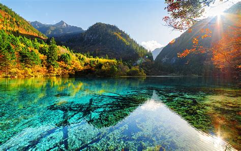 Crystalline Turquoise Lake Autumn Blue Lake Asia Jiuzhaigou