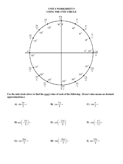 Unit 6 Worksheet 9 Using Unit Circle Mixed Sine Trigonometric