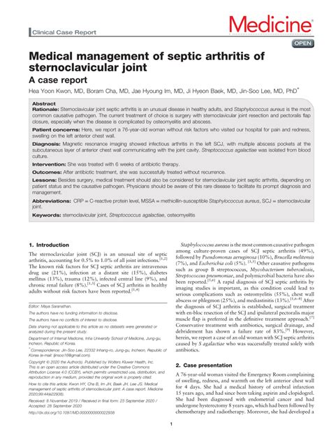 PDF Medical Management Of Septic Arthritis Of Sternoclavicular Joint A Case Report