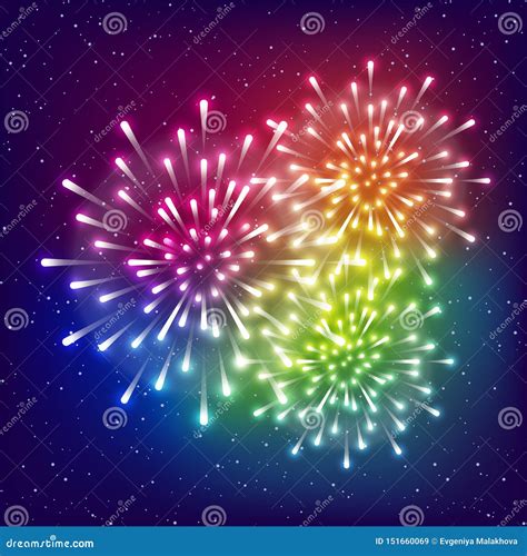 Shiny Rainbow Fireworks On Starry Sky Background For Your Holiday