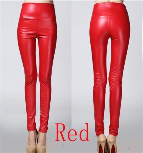 Womens Pu Leather Skinny Leggings Slim Thick Fleece Lined High Waist Pants Red Xl
