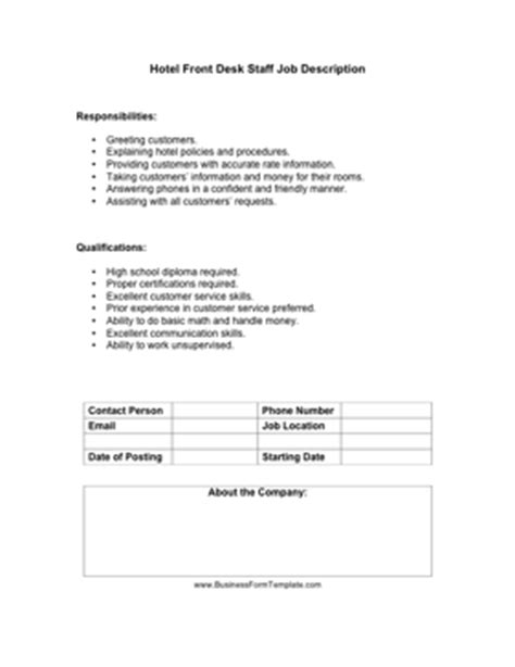 Make sure you pick the right template that balances between form and content. Hotel Front Desk Staff Job Description Template